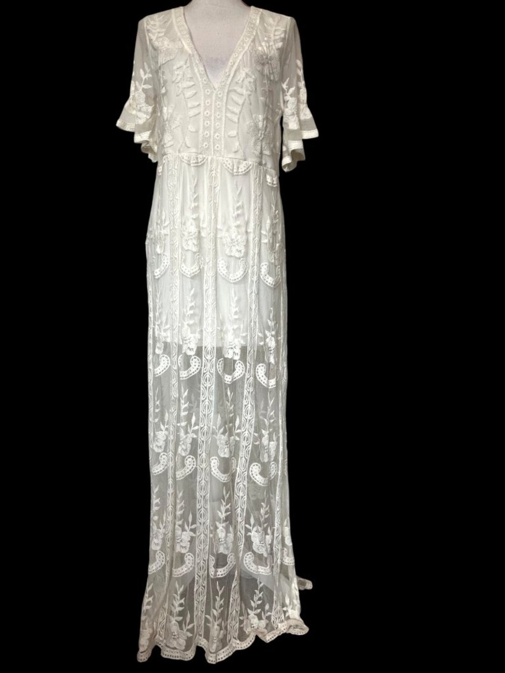 NYC Floral Lace Ivory Maxi Dress Flutter Sleeves V-Neckline Sheer Floral Overlay